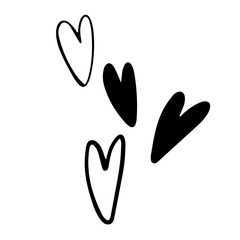Digital illustration of a cute black outline doodle spring theme playful hearts. Print for clothes, poster, banner, postcard, web design, coloring.