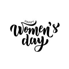 Happy Woman’s Day hand lettering text with beautiful flowers. Vector illustration. 8 March greeting calligraphy design. Template for a poster, cards, banner.