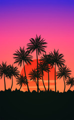 Fototapeta na wymiar Natural Coconut trees mountains horizon hills silhouettes of trees and hills in the evening Sunrise and sunset Landscape wallpaper Illustration vector style Colorful view background