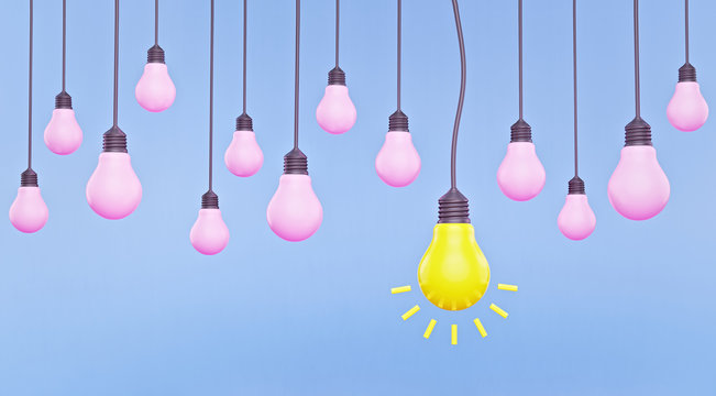 Set of hanging light bulbs with one glowing. creative Trendy light bulb, concept of idea on blue background. 3d rendering