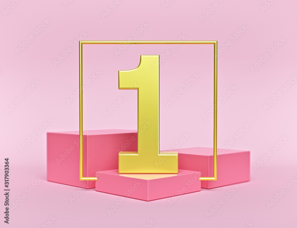 Poster abstract shapes background with podium and golden number one. concept of first place winner. minimal