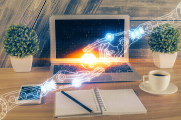 Double exposure of computer and technology theme drawing. Concept of innovation.
