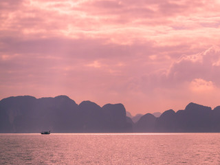 Amazing sunset in Halong Bay, Vietnam