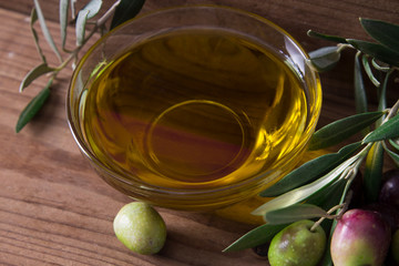 bowl of extra virgin olive oil with olives