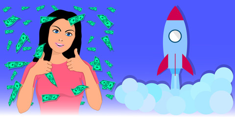 startup business banner with woman and space rocket. vector illustration on a purple background.