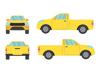 Set of yellow pickup truck single cab car view on white background,illustration vector,Side, front, back © lockon16