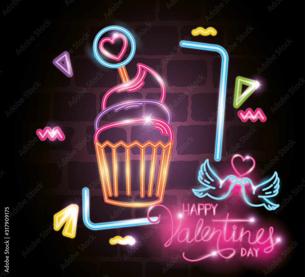 Canvas Prints happy valentines day label in neon light, icons valentine day vector illustration design