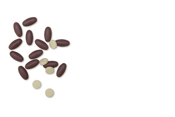 Tablets on white background. Disease treatment. Copy space.