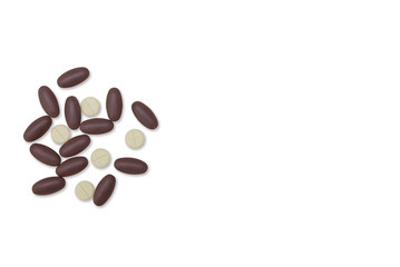 Tablets on white background. Disease treatment. Copy space.