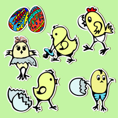 Set of stickers in doodle style isolated on white background. Cartoon vector illustration. Chickens, eggs Gift tags, scrapbooking elements for festive Easter decoration.