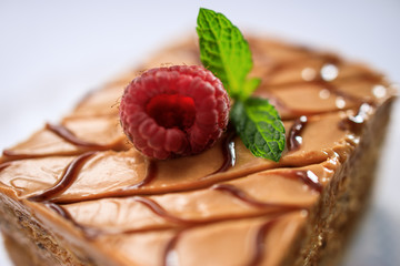 Cake piece with nuts, chocolate, biscuits and caramel cream and raspberry mint leaf closeup © ValentinValkov