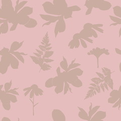 Vector pink seamless pattern background with flowers silhouettes. 