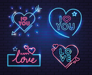 set of lettering of neon light for valentines day vector illustration design