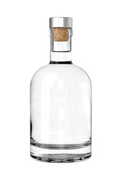 Clear White Glass Bottle of Whiskey, Vodka, Gin, Rum, Tincture, Moonshine, Scotch or Tequila. 3D Render Isolated on White.