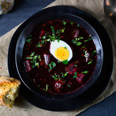 Delicious beetroot borscht with egg