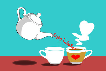 white teapot and coffeecup on green background with steam shape heart . valentine concept