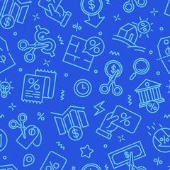 Rate cut seamless pattern with thin line icons: cutting price, cost reduction, sale, discount, receipt, loyalty card, interest. Modern vector illustration.