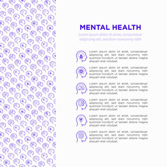 Mental health template with copy space and thin line icons: mental growth, negative thinking, emotional reasoning, logical plan, obsession, self identity. Modern vector illustration.