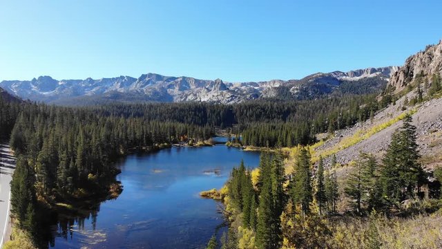 View of Twin Lakes, Lake George, the southeastern slope of Mammoth Mountain, Mono County, eastern California, eastern Sierra Nevada, Inyo National Forest, shot from drone, summer view