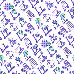 Electric scooter seamless pattern with thin line icons: sharing service, mobile app, QR code, parking, helmet, eco transport, pointer. Modern vector illustration.