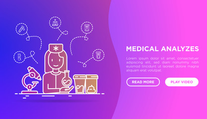 Medical laboratory website template. Nurse takes blood test, urine test, stool. Thin line icons. Vector illustration with copy space.