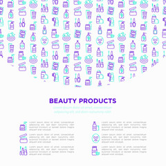 Fototapeta na wymiar Beauty products concept with thin line icons: skin care, cream, gel, organic cosmetics, make up, soap dispenser, nail care, beauty box, deodorant, face oil, scrub, sheet mask. Vector illustration