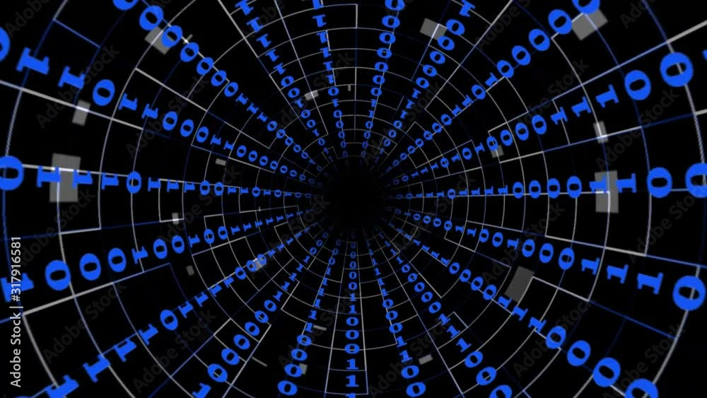 Poster binary code in blue colour - abstract speed motion in a tunnel design - technology background with d