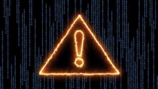 Binary code background in blue colour - abstract speed motion in vertical lines - burning exclamation mark on information sign with burning edge - 3D rendering