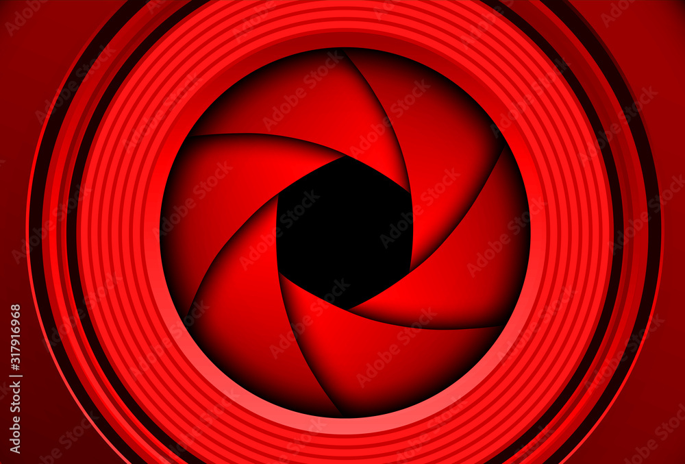 Poster technology background, red camera photo lens with shutter