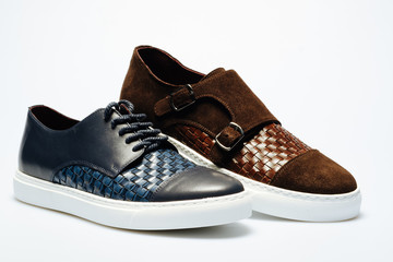 brown and blue leather shoes