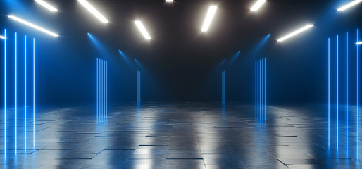 Cyber Neon Club Dance Night Tunnel Corridor Sci Fi Futuristic Pillars GLowing Blue On Concrete Grunge Floor Spot lIghts Hallway Garage 3D Rendering