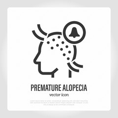 Premature alopecia thin line icon. Hair loss. Bald place on scalp and alarm sign. Vector illustration.