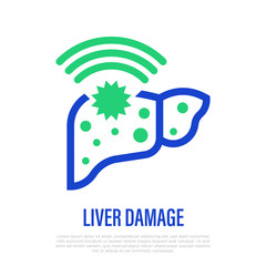 Liver damage, cirrhosis. Pain in liver. Thin line icon. Health care and medical vector illustration.