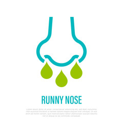 Runny nose: symptom of flu, influenza or allergy. Thin line icon. Healthcare and medical vector illustration.