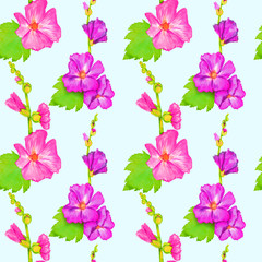 Pink-purple Alcea rosea (common hollyhock, mallow flower) stem with green leaves and buds,  hand painted watercolor illustration, seamless pattern design on soft blue background