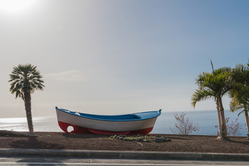 Back lit photo of a very nice boat placed in a garden