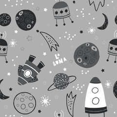 Naadloze zwart-wit patroon met ruimte-elementen, maan, planeet, ster, raketten, sterrenbeeld. Creatieve vector kinderachtige textuur. Perfect voor kleding, textiel, stof, behang.