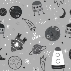 Behang Kosmos Naadloze zwart-wit patroon met ruimte-elementen, maan, planeet, ster, raketten, sterrenbeeld. Creatieve vector kinderachtige textuur. Perfect voor kleding, textiel, stof, behang.