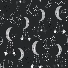 Photo sur Plexiglas Bestsellers Motif monochrome sans couture avec éléments spatiaux, lune, planète, étoile, constellation. Texture enfantine de vecteur créatif. Parfait pour les vêtements, le textile, le tissu, le papier peint.