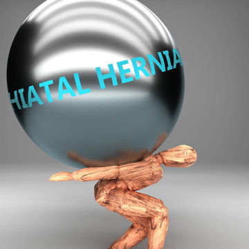 Hiatal hernia as a burden and weight on shoulders - symbolized by word Hiatal hernia on a steel ball to show negative aspect of Hiatal hernia, 3d illustration