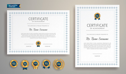 Premium gold and blue certificate of appreciation template, clean modern design with gold badge