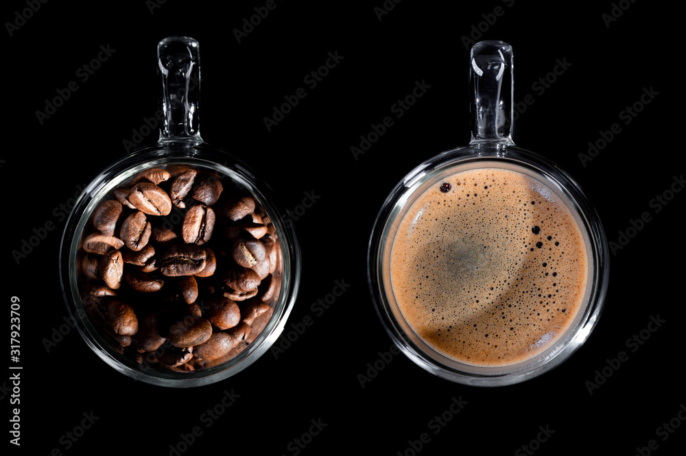 Wall mural composition of two cups with coffee. on the left is a cup with coffee bean top view, on the right is