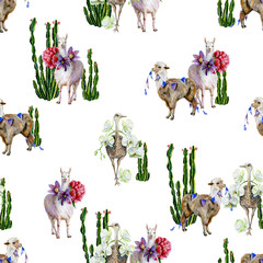 Funny watercolor seamless pattern of brown alpaca and cute cartoon llama with pasque-flower and peony illustration and cactus. Cute ostrich with white orchid hand-drawn illustration. - 317923736