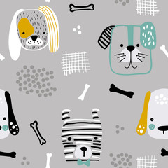 Modèle sans couture avec des visages de chien mignon, des os et des éléments dessinés à la main. Texture enfantine créative dans un style scandinave. Idéal pour le tissu, textile Vector Illustration