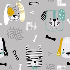Wall murals Dogs Seamless pattern with cute dog faces, bones and hand drawn elements. Creative childish texture in scandinavian style. Great for fabric, textile Vector Illustration