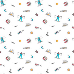 Vector line art summer seamless beach pattern. Seamless fabric or wrapping paper design. © Ms.Moloko