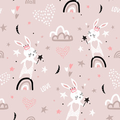 Seamless childish pattern with bunny princess on rainbow. Creative kids texture for fabric, wrapping, textile, wallpaper, apparel. Vector illustration