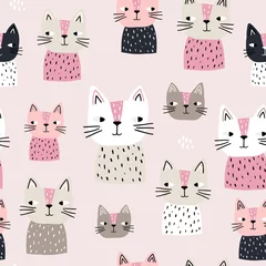 Foto op Plexiglas Semless patroon met schattige katten. Kinderachtige textuur in Scandinavische stijl voor stof, textiel, kleding, kinderkamerdecoratie. vector illustratie © solodkayamari