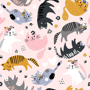Fototapeta Seamless childish pattern with cute girl cats . Creative kids hand drawn texture for fabric, wrapping, textile, wallpaper, apparel. Vector illustration