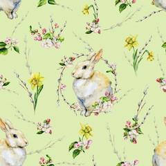 Hand-drawn seamless tileable pattern watercolor for Easter holiday with bunny, apple tree flowers, pussy-willow and daffodils. Rabbit bohemian style spring season illustration for textiles, decor. - 317925102